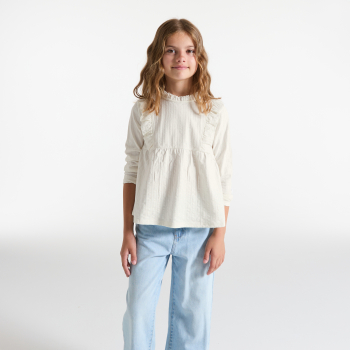 بلوزة رومانسية بكشكش، باللون الأبيض للفتيات